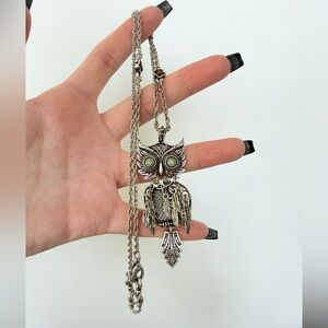 Lucky Brand Silver Tone Articulating Owl Pendant Necklace Faux Turquoise Eye 18"